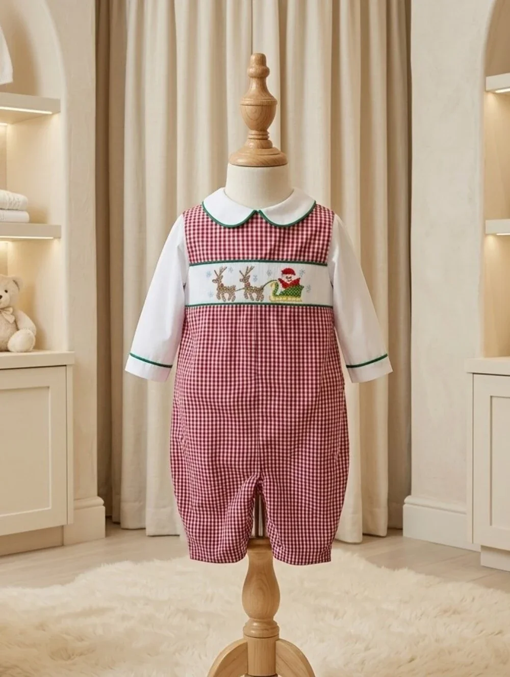Petit Ami Smocked Santa Sleigh Gingham Jon Jon NWT Size 6M